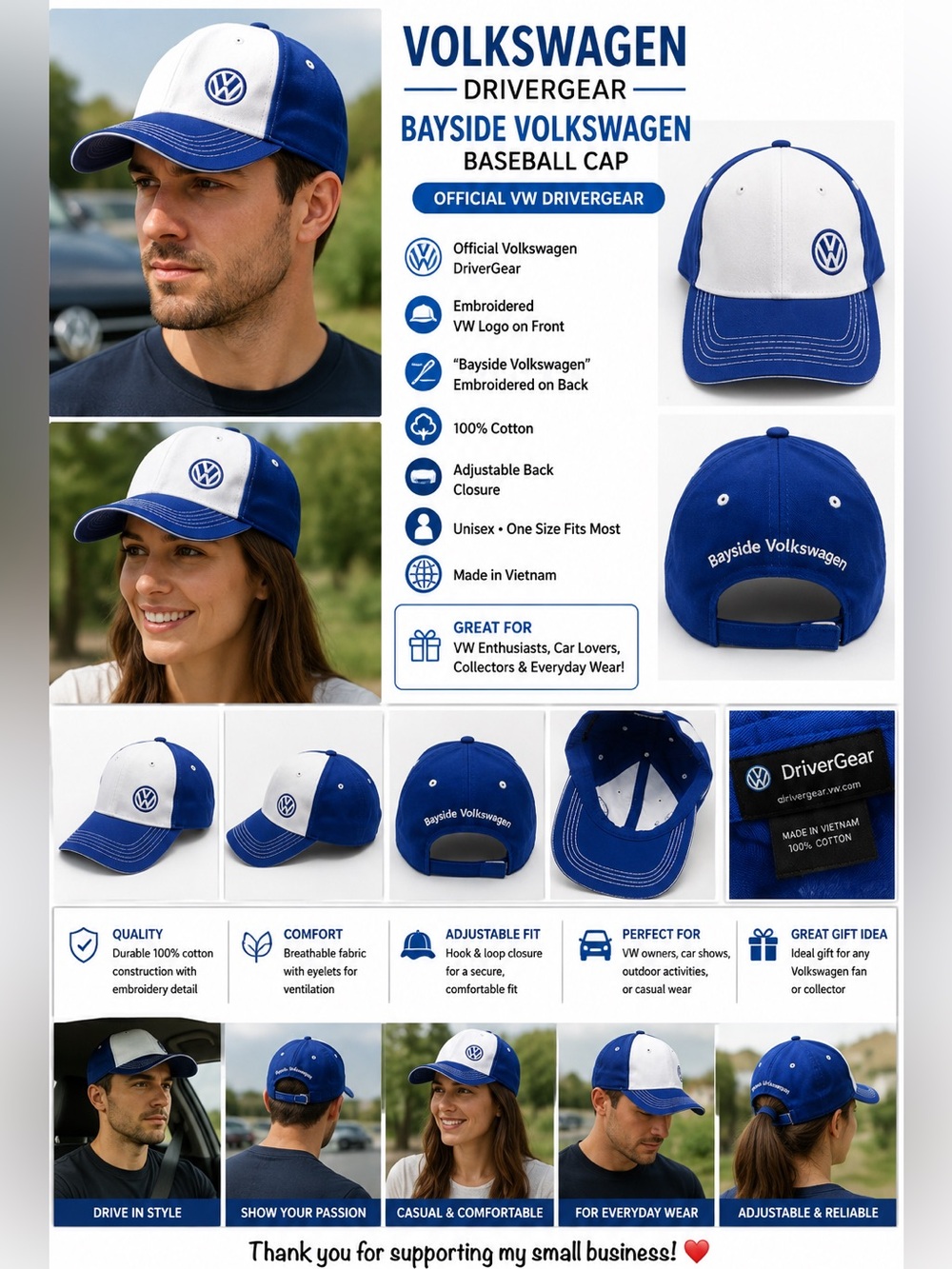 Volkswagen VW DriverGear Bayside Embroidered Baseball Cap Blue White Cotton Hat